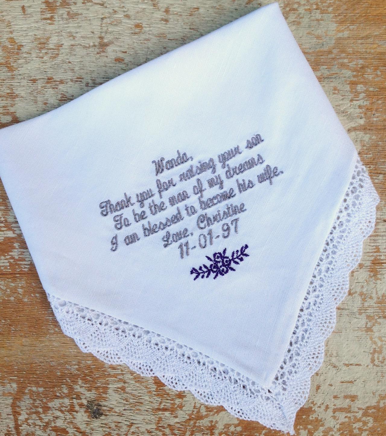 Mother In Law From Bride Wedding Heirloom Handkerchief Custom Embroidered Personalized Hankie Gift Embroidery Mom