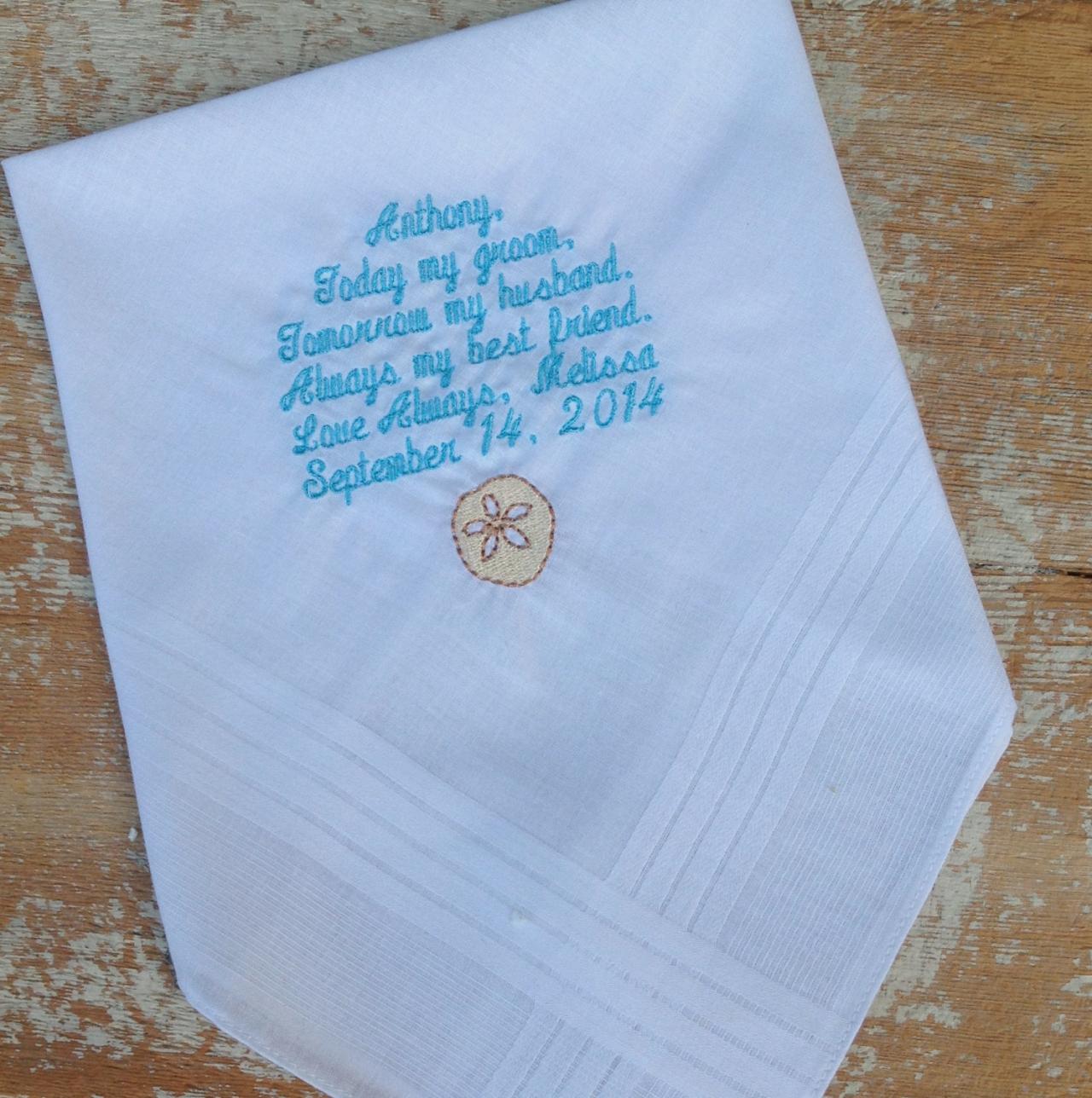 Groom From Bride Wedding Heirloom Handkerchief Custom Embroidered Personalized Beach Theme Hankie Gift Embroidery