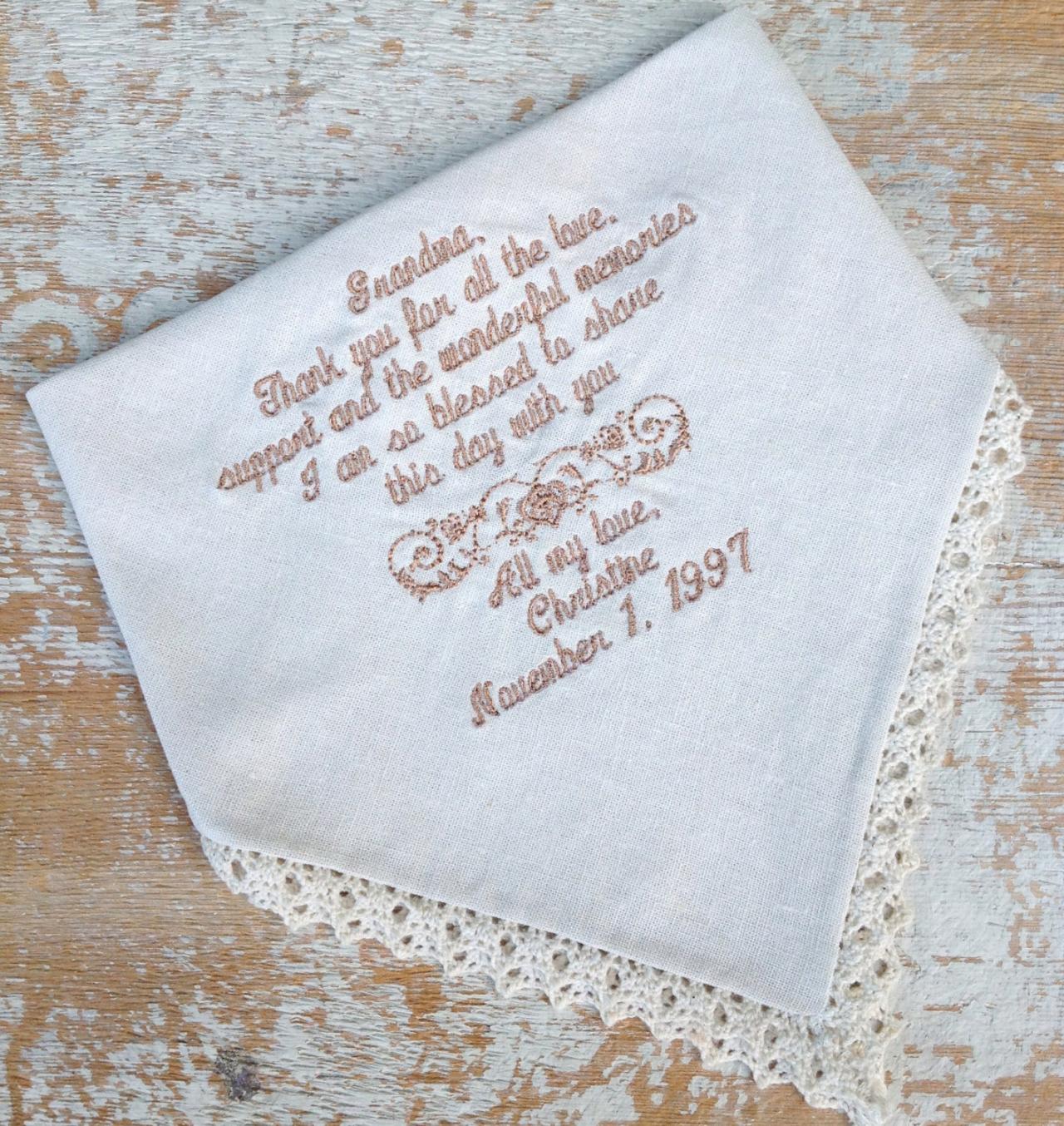 Grandmother From Bride Wedding Heirloom Handkerchief Custom Embroidered Personalized Hankie Gift Embroidery Grandma
