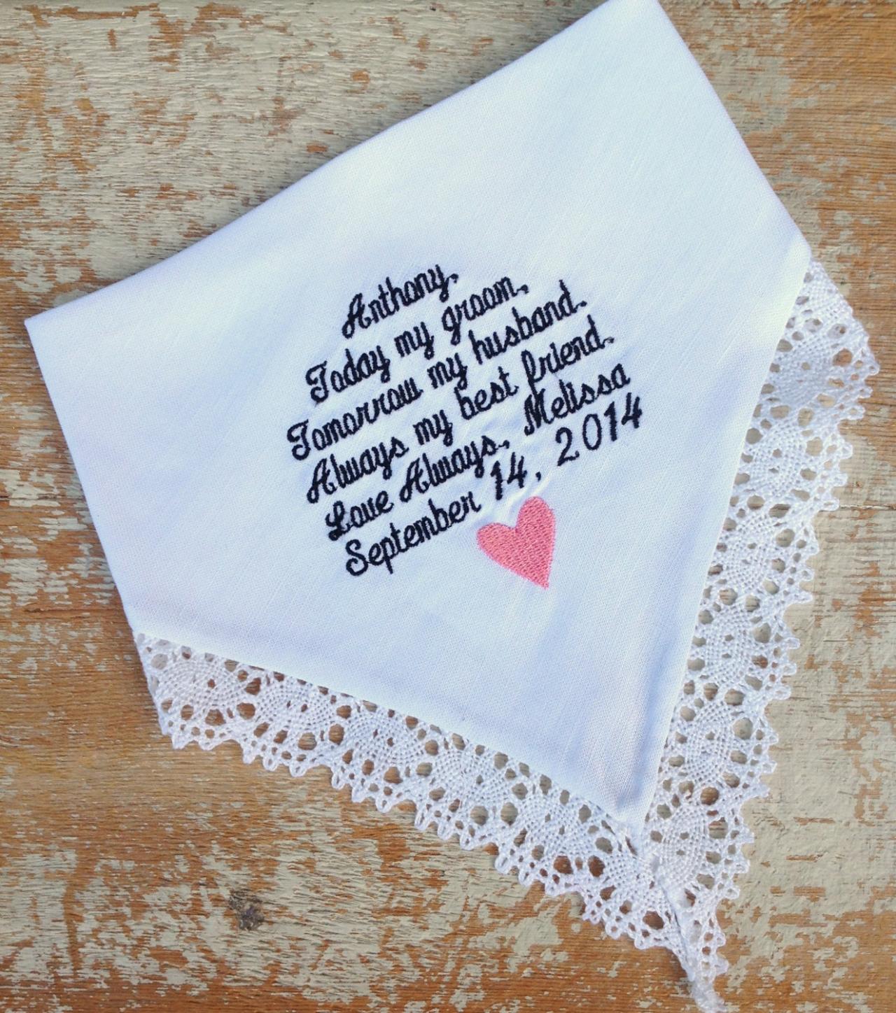 Groom From Bride Wedding Heirloom Handkerchief Custom Embroidered Personalized Hankie Gift Embroidery Husband Fiancee