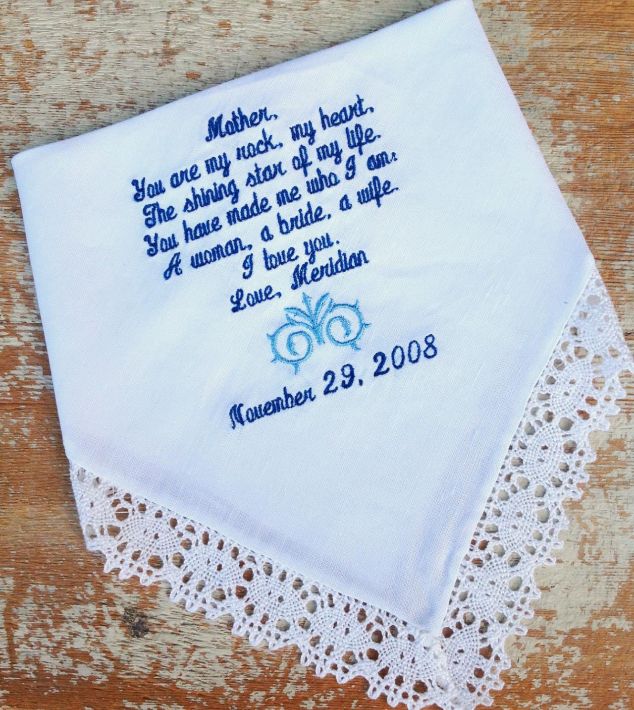 Mother From Bride Wedding Heirloom Handkerchief Custom Embroidered Personalized Hankie Gift Embroidery Mom