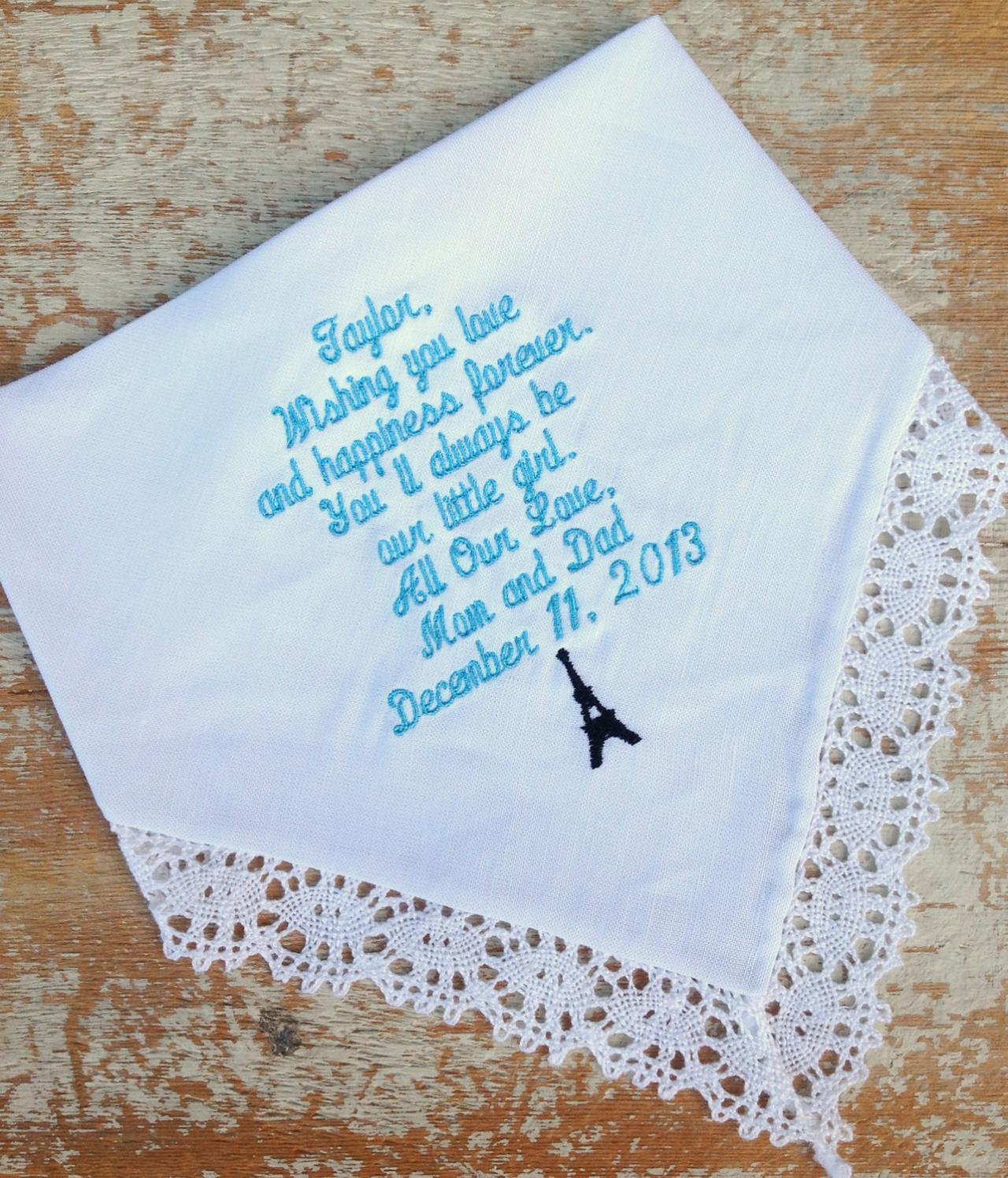 To Bride From Mom And Dad Wedding Heirloom Handkerchief Custom Embroidered Personalized Eifel Tower Paris Hankie Gift Embroidery Parents