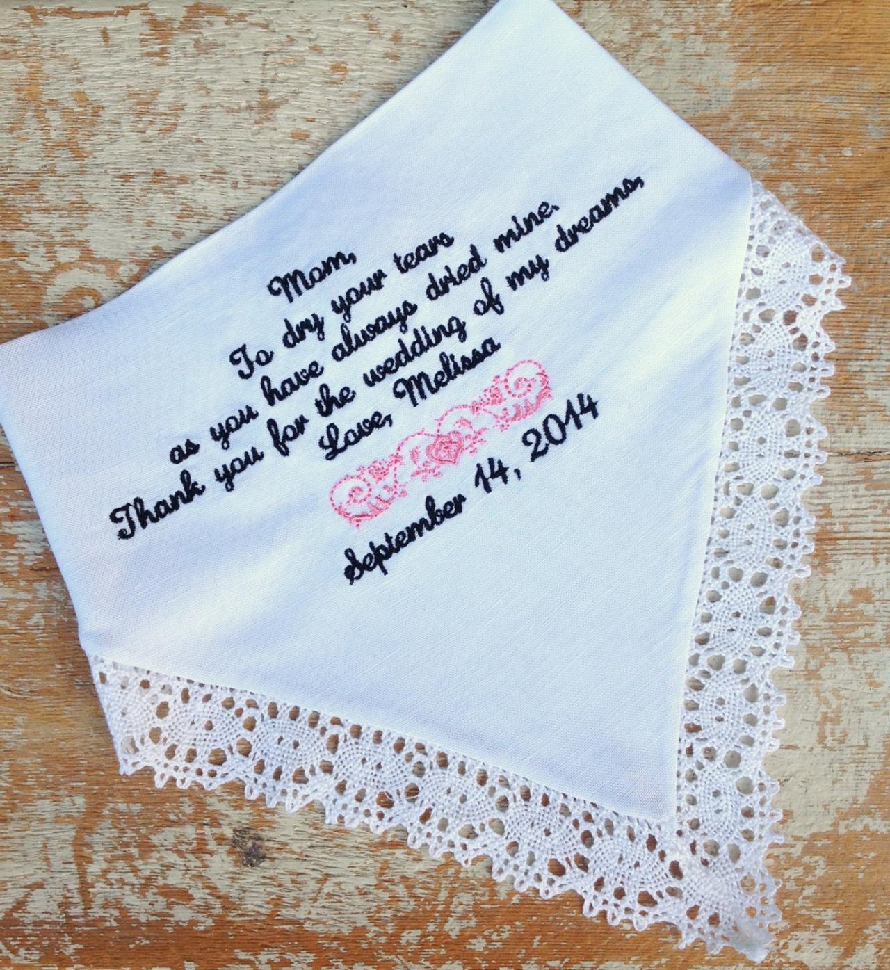 Mom From Bride Wedding Heirloom Handkerchief Custom Embroidered Personalized Hankie Gift Embroidery Parents